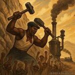 John Henry, the steel-driving man, racing against a steam-powered hammer while building a railroad.