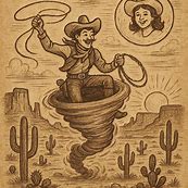 Pecos Bill riding a tornado across a desert landscape, with Slue-Foot Sue smiling from the moon above the sunset.