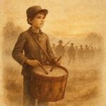 a young Civil War drummer boy on the battlefield at dawn