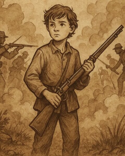 a young boy holding a rifle on the Chickamauga battlefield.