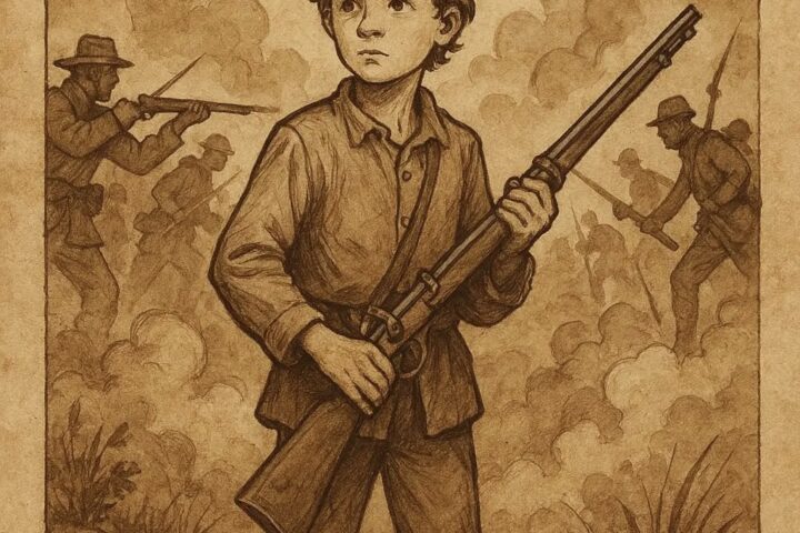 a young boy holding a rifle on the Chickamauga battlefield.