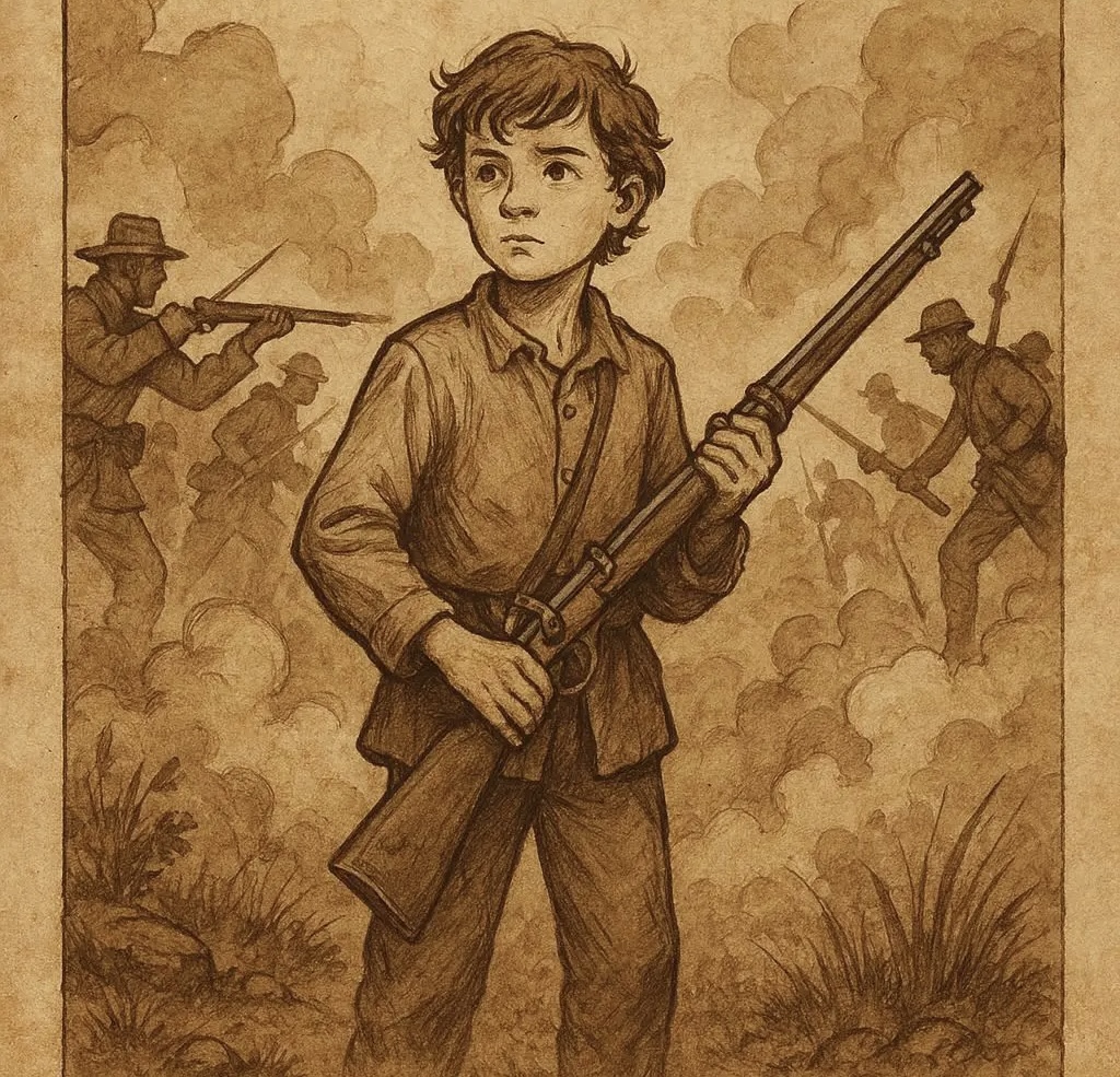 a young boy holding a rifle on the Chickamauga battlefield.