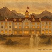 Stanley Hotel glowing at dusk in Colorado with faint ghostly figures on the veranda.