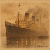RMS Queen Mary in Long Beach harbor at dusk surrounded by soft mist.