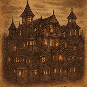 the Winchester Mystery House at dusk with glowing windows and soft mist.