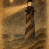 St. Augustine Lighthouse at night with a faint child figure and glowing light.