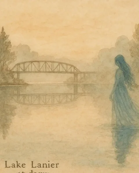 Lady of the Lake in blue on misty Lake Lanier Georgia.