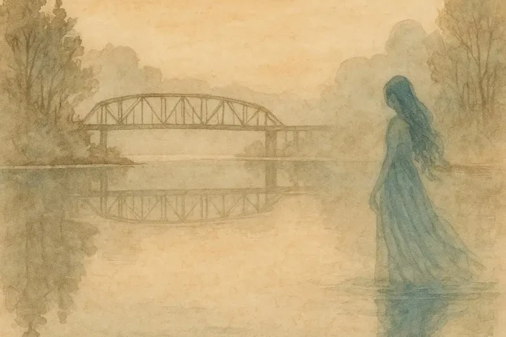 Lady of the Lake in blue on misty Lake Lanier Georgia.