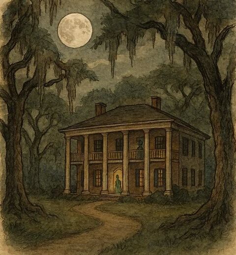 Myrtles Plantation with the ghost of Chloe on the veranda in Louisiana.