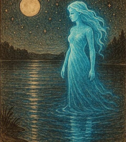 Blue Lady ghost gliding over a moonlit lake in Oklahoma folklore.