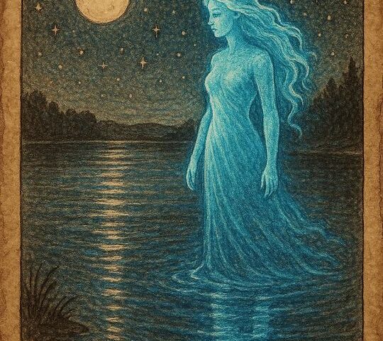 Blue Lady ghost gliding over a moonlit lake in Oklahoma folklore.