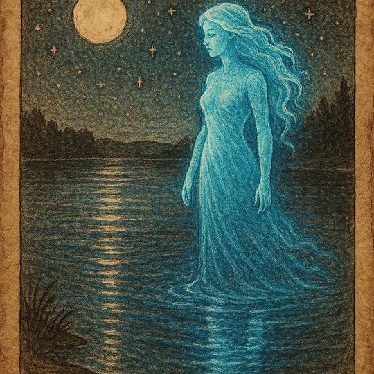 Blue Lady ghost gliding over a moonlit lake in Oklahoma folklore.