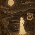 a ghostly woman in white standing beside a car on Route 66 under a moonlit sky.