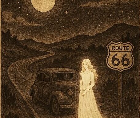 a ghostly woman in white standing beside a car on Route 66 under a moonlit sky.