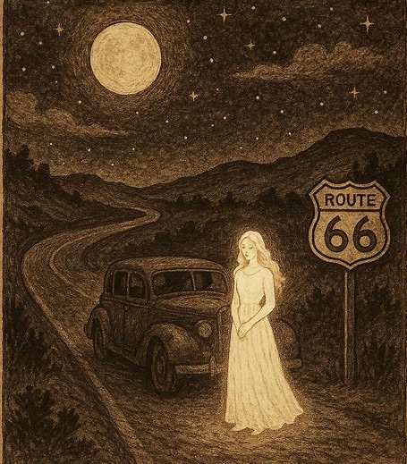 a ghostly woman in white standing beside a car on Route 66 under a moonlit sky.