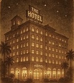 Hollywood Roosevelt Hotel at night with ghostly Hollywood stars appearing in the windows.