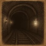 a New York City subway tunnel with ghostly light and empty tracks, American urban folklore.