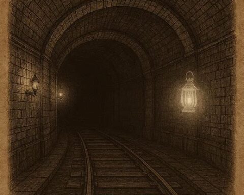 a New York City subway tunnel with ghostly light and empty tracks, American urban folklore.