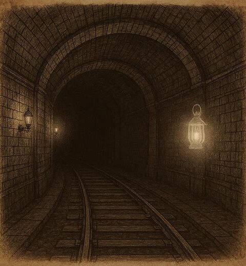 a New York City subway tunnel with ghostly light and empty tracks, American urban folklore.