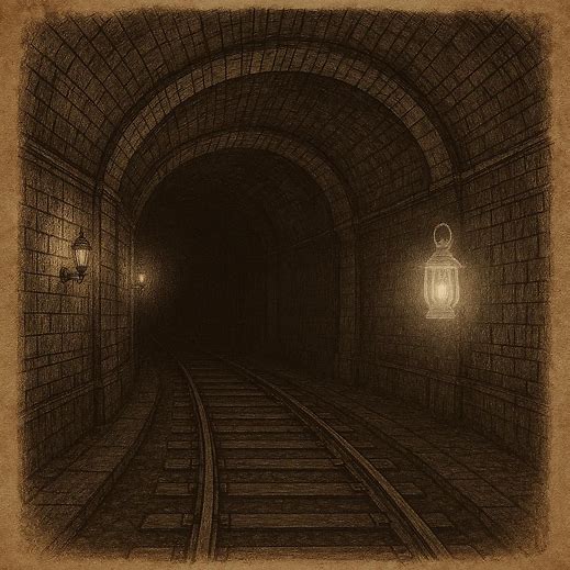 a New York City subway tunnel with ghostly light and empty tracks, American urban folklore.