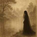 a veiled woman in black near a foggy lake in Golden Gate Park, American urban folklore.