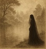 a veiled woman in black near a foggy lake in Golden Gate Park, American urban folklore.