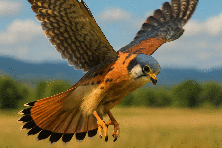 An American Kestrel with slate-blue wings and rusty-red plumage hovers midair above a golden field, its sharp eyes focused downward against a backdrop of blue sky and soft white clouds.