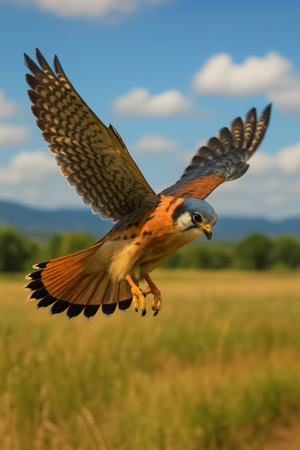 An American Kestrel with slate-blue wings and rusty-red plumage hovers midair above a golden field, its sharp eyes focused downward against a backdrop of blue sky and soft white clouds.