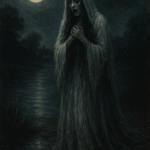 La Llorona, the Weeping Woman from Mexican legend, stands on the riverbank under a full moon, her long dark hair hanging wet over her face and her white gown clinging like mist