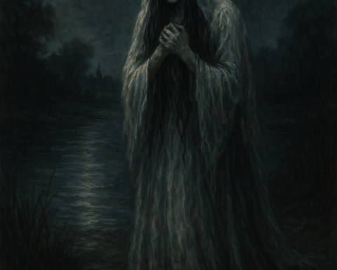 La Llorona, the Weeping Woman from Mexican legend, stands on the riverbank under a full moon, her long dark hair hanging wet over her face and her white gown clinging like mist