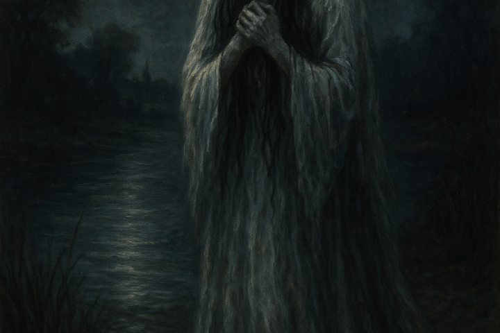 La Llorona, the Weeping Woman from Mexican legend, stands on the riverbank under a full moon, her long dark hair hanging wet over her face and her white gown clinging like mist