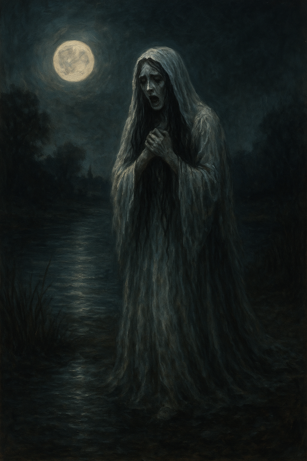 La Llorona, the Weeping Woman from Mexican legend, stands on the riverbank under a full moon, her long dark hair hanging wet over her face and her white gown clinging like mist