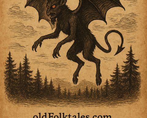 Parchment-style illustration of the Jersey Devil flying above the dark Pine Barrens of New Jersey, USA.