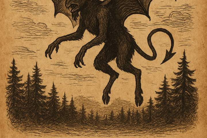 Parchment-style illustration of the Jersey Devil flying above the dark Pine Barrens of New Jersey, USA.