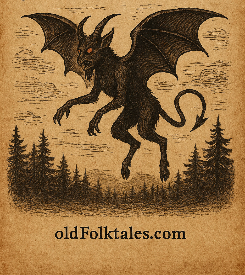 Parchment-style illustration of the Jersey Devil flying above the dark Pine Barrens of New Jersey, USA.