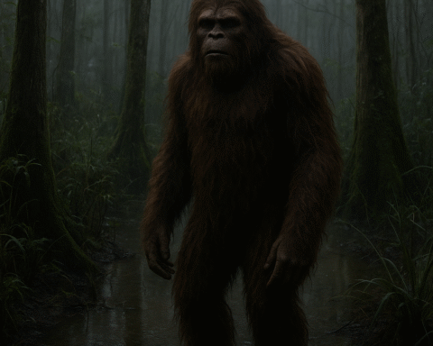 A tall, ape-like creature covered in dark reddish-brown hair stands in a misty Florida swamp at twilight.