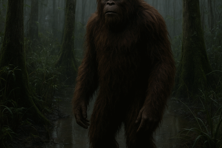 A tall, ape-like creature covered in dark reddish-brown hair stands in a misty Florida swamp at twilight.