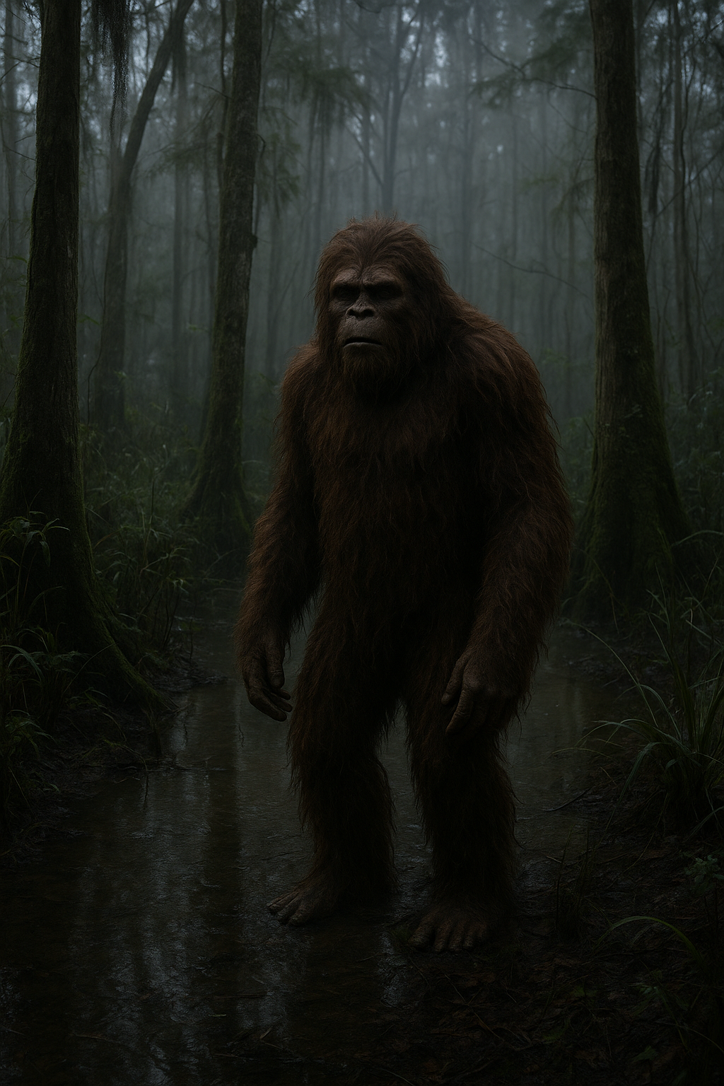 A tall, ape-like creature covered in dark reddish-brown hair stands in a misty Florida swamp at twilight.