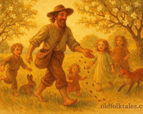 Illustration of Johnny Appleseed walking barefoot through a blooming frontier orchard, scattering apple seeds with a tin pot on his head.