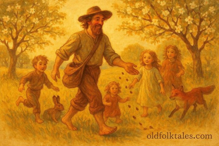 Illustration of Johnny Appleseed walking barefoot through a blooming frontier orchard, scattering apple seeds with a tin pot on his head.