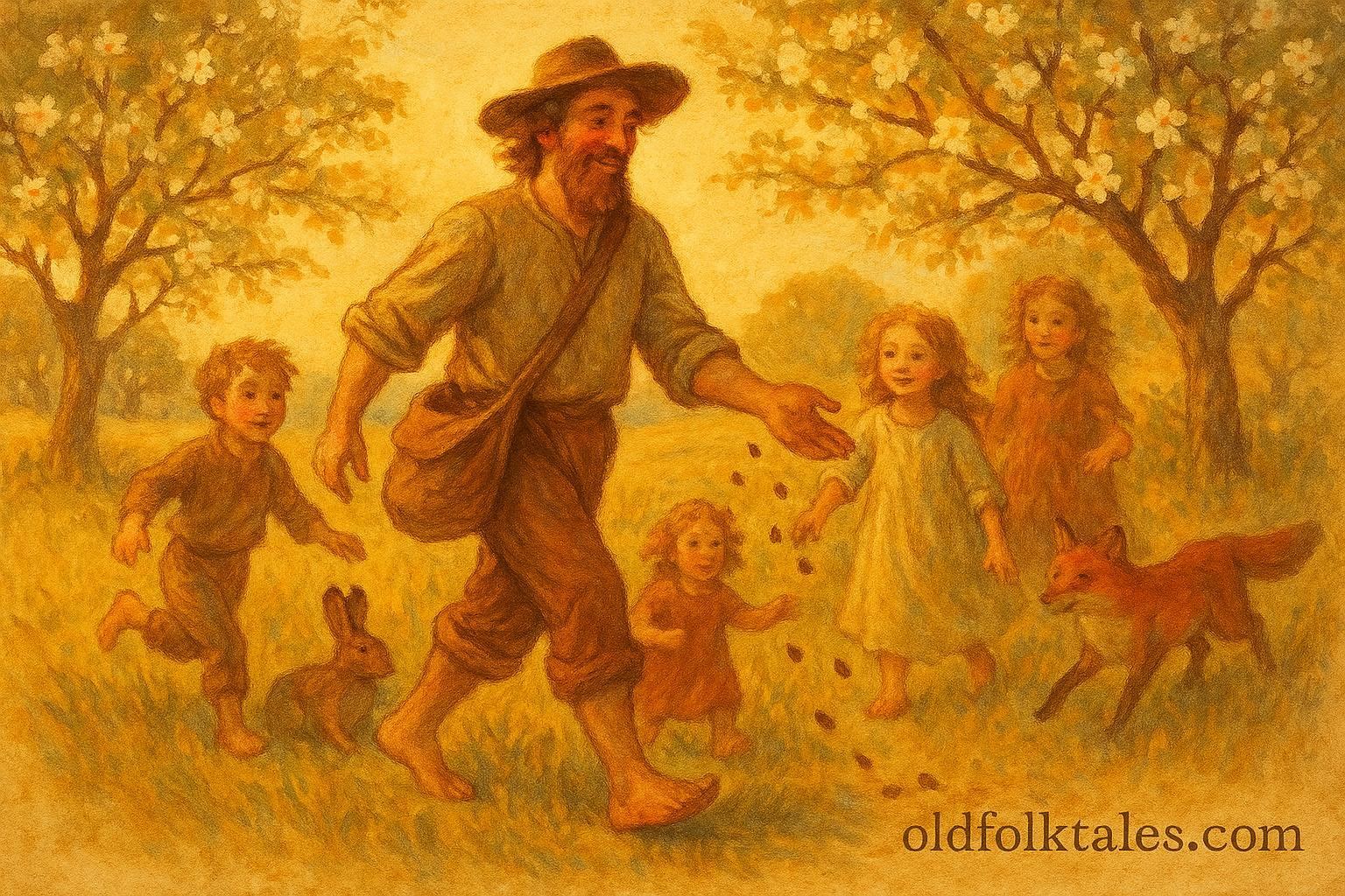 Illustration of Johnny Appleseed walking barefoot through a blooming frontier orchard, scattering apple seeds with a tin pot on his head.