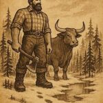 Parchment-style illustration of Paul Bunyan and Babe the Blue Ox in snowy woods, American folktale.