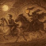An illustration of Ichabod Crane chased by the Headless Horseman through the moonlit woods of Sleepy Hollow.