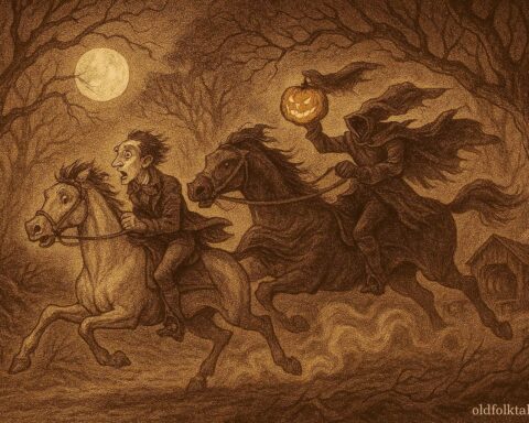 An illustration of Ichabod Crane chased by the Headless Horseman through the moonlit woods of Sleepy Hollow.