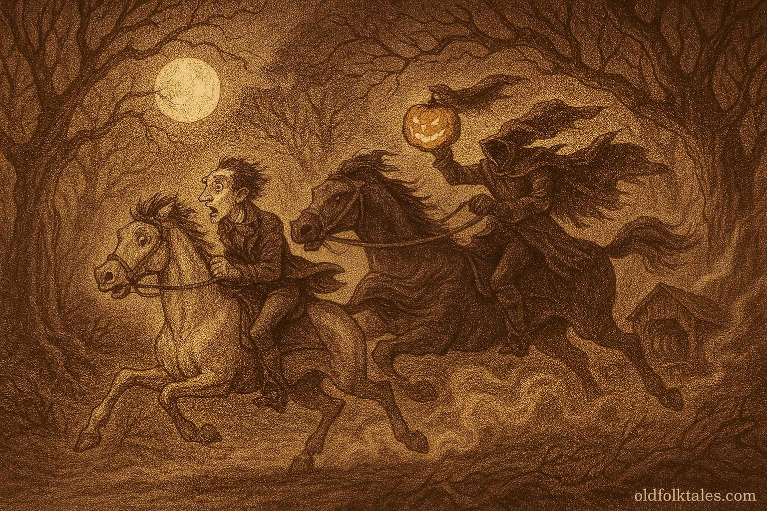 An illustration of Ichabod Crane chased by the Headless Horseman through the moonlit woods of Sleepy Hollow.
