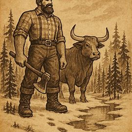Parchment-style illustration of Paul Bunyan and Babe the Blue Ox in snowy woods, American folktale.