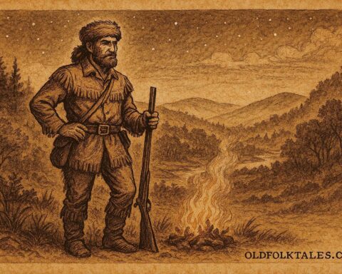 An illustration of Davy Crockett in coonskin cap holding rifle beside a campfire in the Tennessee wilderness, American folktale scene.
