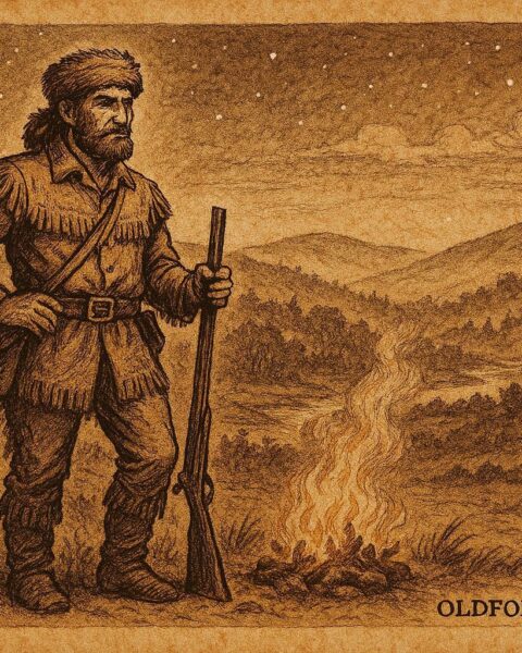 An illustration of Davy Crockett in coonskin cap holding rifle beside a campfire in the Tennessee wilderness, American folktale scene.