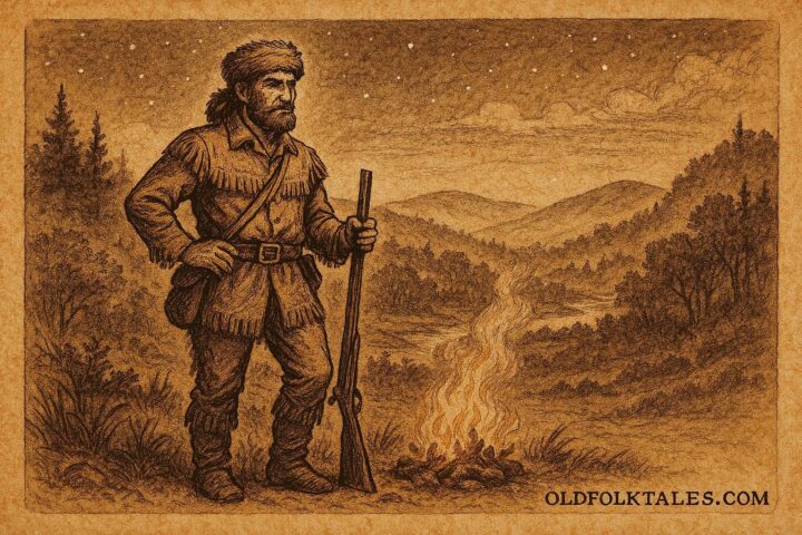 An illustration of Davy Crockett in coonskin cap holding rifle beside a campfire in the Tennessee wilderness, American folktale scene.