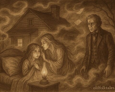 An illustration of a ghostly woman haunting a Tennessee farmhouse, inspired by the Bell Witch legend.